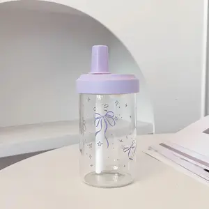 500/850ML Bow Star Glass Straw Cup with Lid, Large Capacity High-Style Water Bottle, Girls' Car Outdoor Camping Coffee Milk Juice Cup, Portable Water Cup, Drinkware