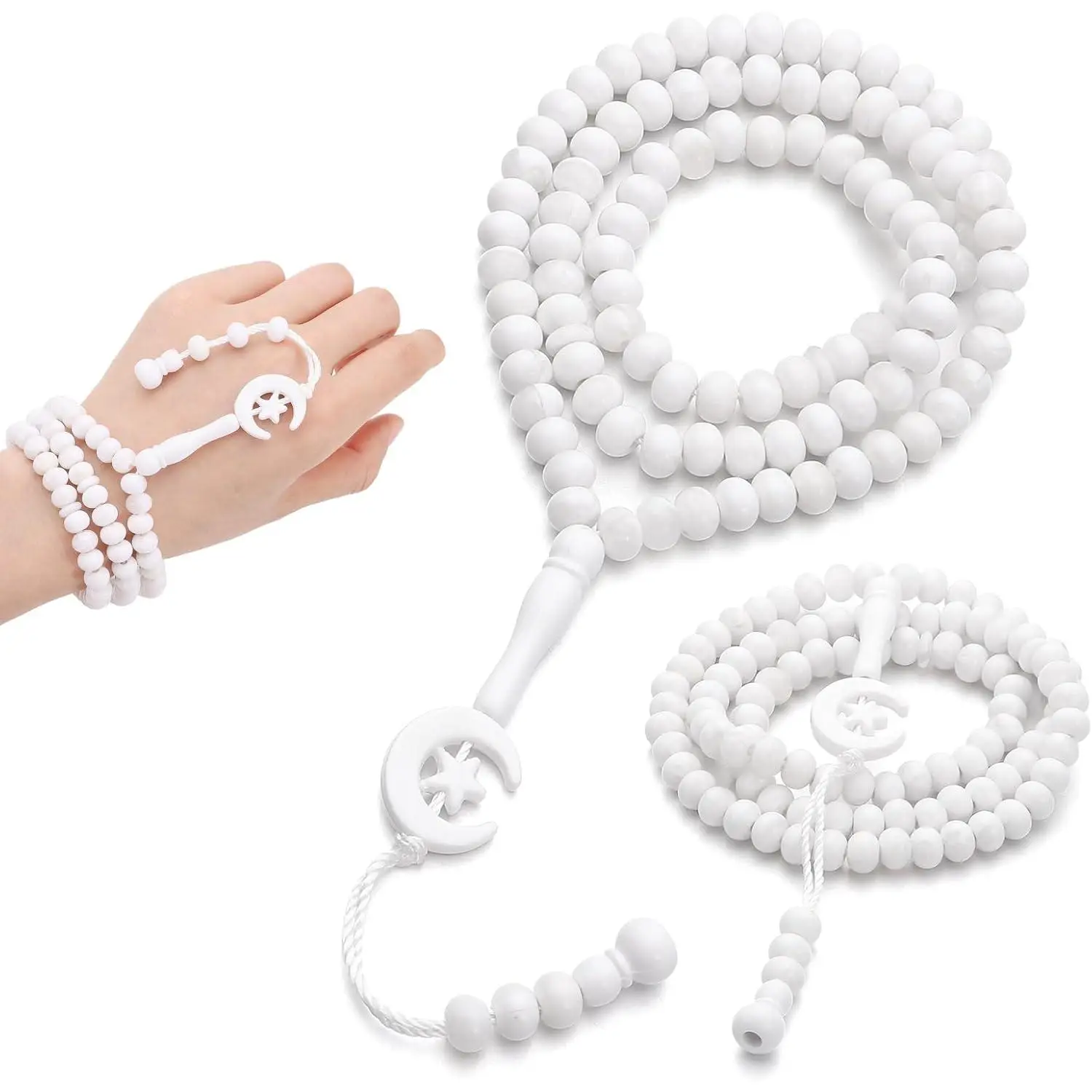 2 Pack Muslim Prayer Beads – 99 Beads Allah & Muhammad Islamic Rosary – Tasbih Misbaha Necklace for Men & Women (White)