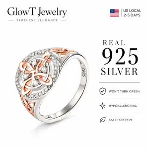 925 Sterling Silver Rose Gold Plated Celtic Knot Ring, Anillo Nudo de Bruja Plata 925 Original Witch Knot Jewelry, Cubic Zirconia Decorated S925 Witches Knot Ring, Witchtok Witch Jewerly Pagan Jewelry for Devotion for Protection