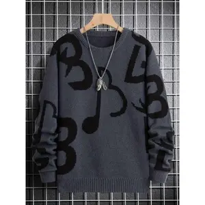 Men's Music Note & Letter Print Round Neck Sweater?Pullover, Regular Fit Casual Long Sleeve Crew Neck Jumper?Pullover?for Fall & Winter, Fashion Men's Knitwear for Daily Wear