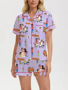 Bob's Burgers Full Print Sleepwear Set for Women, Cartoon Print Pajama, Collared Neckline Short Sleeve Shorts, Casual Home Wear, Comfortable Loungewear, Full Print Design