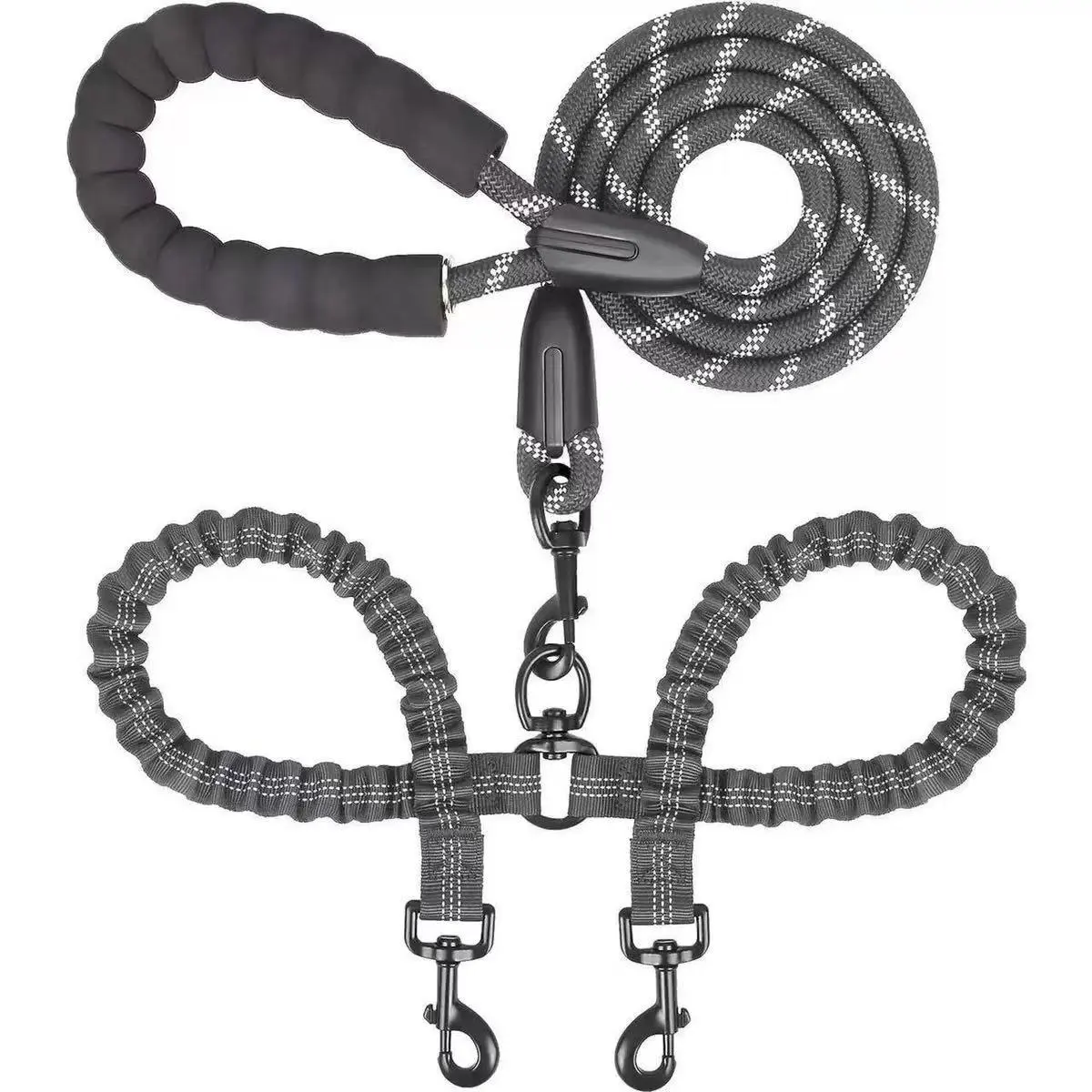 Kigipet Dual Dog Leash Combo Set - Nylon Rope Leash with 360-Swivel Clasp, Shock-Absorb Bungee & No-Tangle Design for 2 Dogs