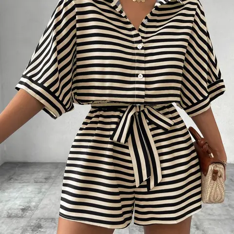 Women's Striped Soft and Breathable Casual Loose-Fit Belted Romper for Summer, Beach and Daily Wear, Womenswear