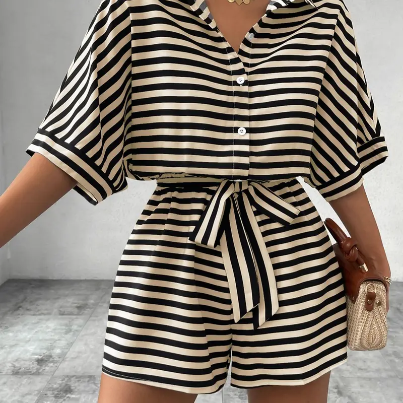 Women's Striped Soft and Breathable Casual Loose-Fit Belted Romper for Summer, Beach and Daily Wear, Womenswear
