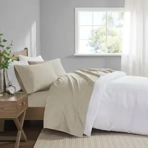 360 Stand Split King Size Pima Cotton Sheet Set, 600 Thread Count, 110x104x0.13 in, Hypoallergenic, Sand (Madison Park MP20-7998)