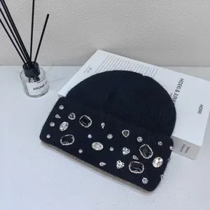 Winter lady warm thick beanie cap 7colors fashion rhineston solid casual Knitted hat women Angora wool cap windproof Versatile