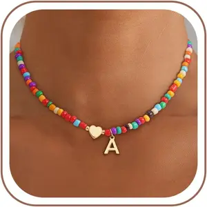 Eaciy Colorful Initial Necklaces for Girls Women Kids - Teen Girls Gifts Trendy Beaded Initial Necklace Dainty Letter Gifts Choker Necklace for Girl Jewelry
