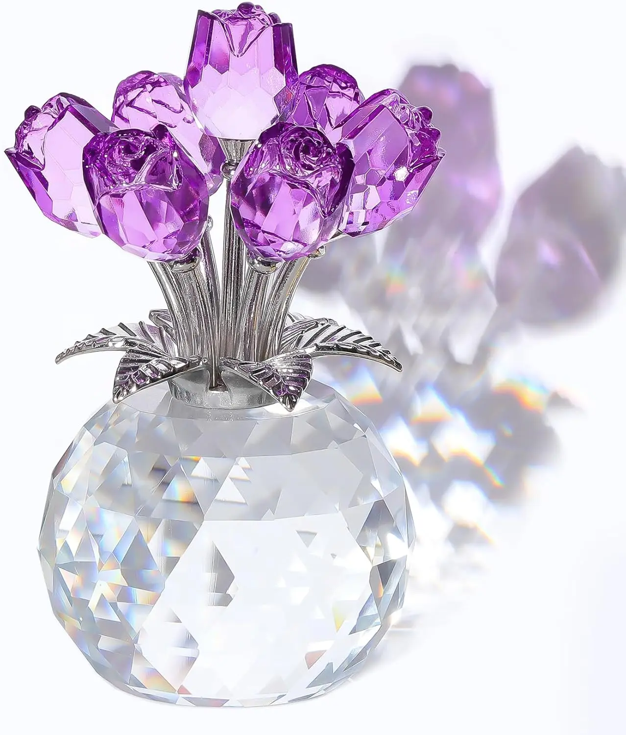 Handcrafted Crystal Red Rose Flower Figurine with Round Vase & Gift Box, Decorative Home Decor, Romantic Gift for Women Lovers’ Anniversary Collectible, Flower Vase Decor