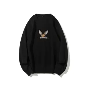 Unisex Embroidery Cotton Crew Neck Sweatshirt Peeking Bunny Embroidery Cute Rabbit