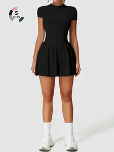 Women's Solid Square Neck Sports Dress Inner Pocket, Casual Sporty Short Sleeve Skorts Dress for Daily Outdoor Sport, Ladies Sportswear for All Seasons, tennis sports dress, Womenswear