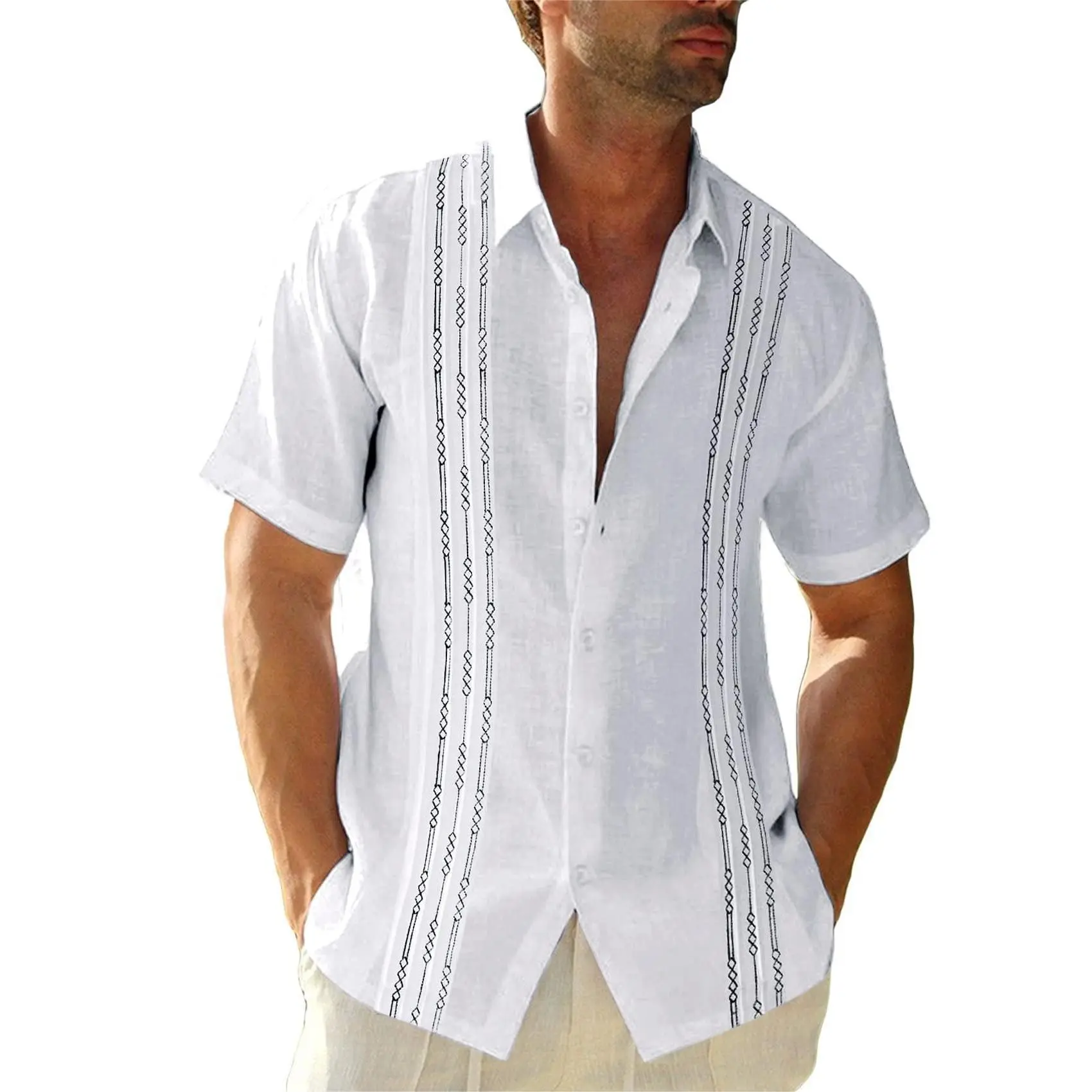 PASLTER Men's Short-Sleeve Guayabera Shirt - Linen Cotton, Button Down Closure, Mexican Embroidered, Casual Loose Fit, Cooler Side Vents, Cuban Wedding Kurta Summer Tops PC1557 (Mexican Traditional Men's Casual Shirts), Shortsleeve, Loose Relaxed Fit