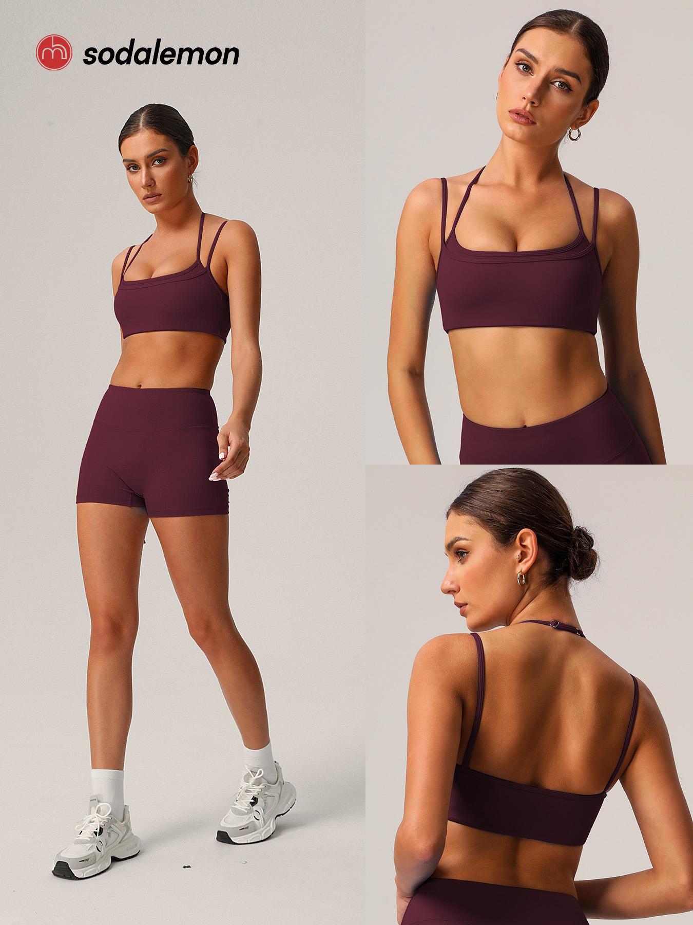 Sodalemon Women double layered-strap scoop-neck yoga sports bra, cropped open-back workout top, outdoor Pilates fitness sports bra