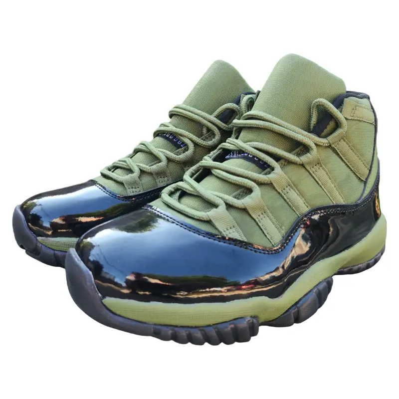 Army Green Black Patent Leather High‑Top Basketball Shoes, Fabric Upper Anti‑Slip Rubber Sole Unisex Retro Street Sneakers