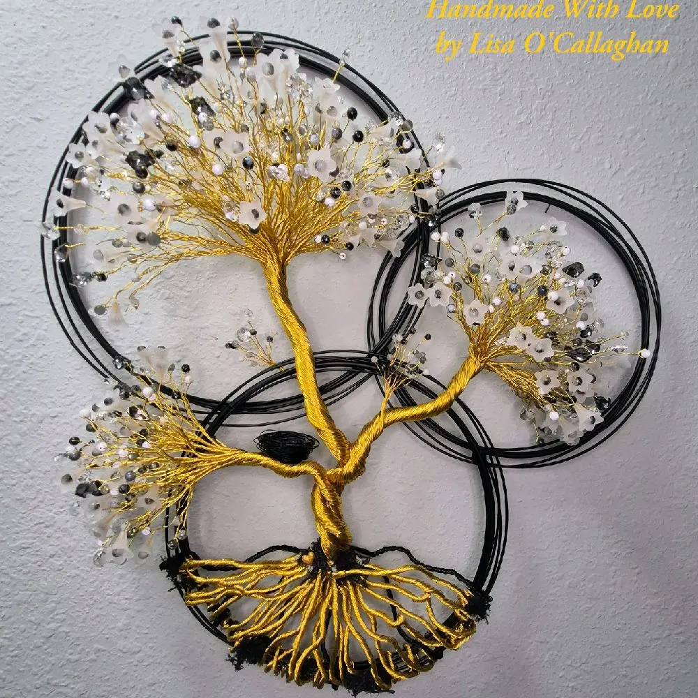 Midnight Blossom Tree of Life Wall Art | Black White Gold Wire Sculpture | Large Tree of Life Wall Hanging | Handmade Metal Wall Decor | OOAK