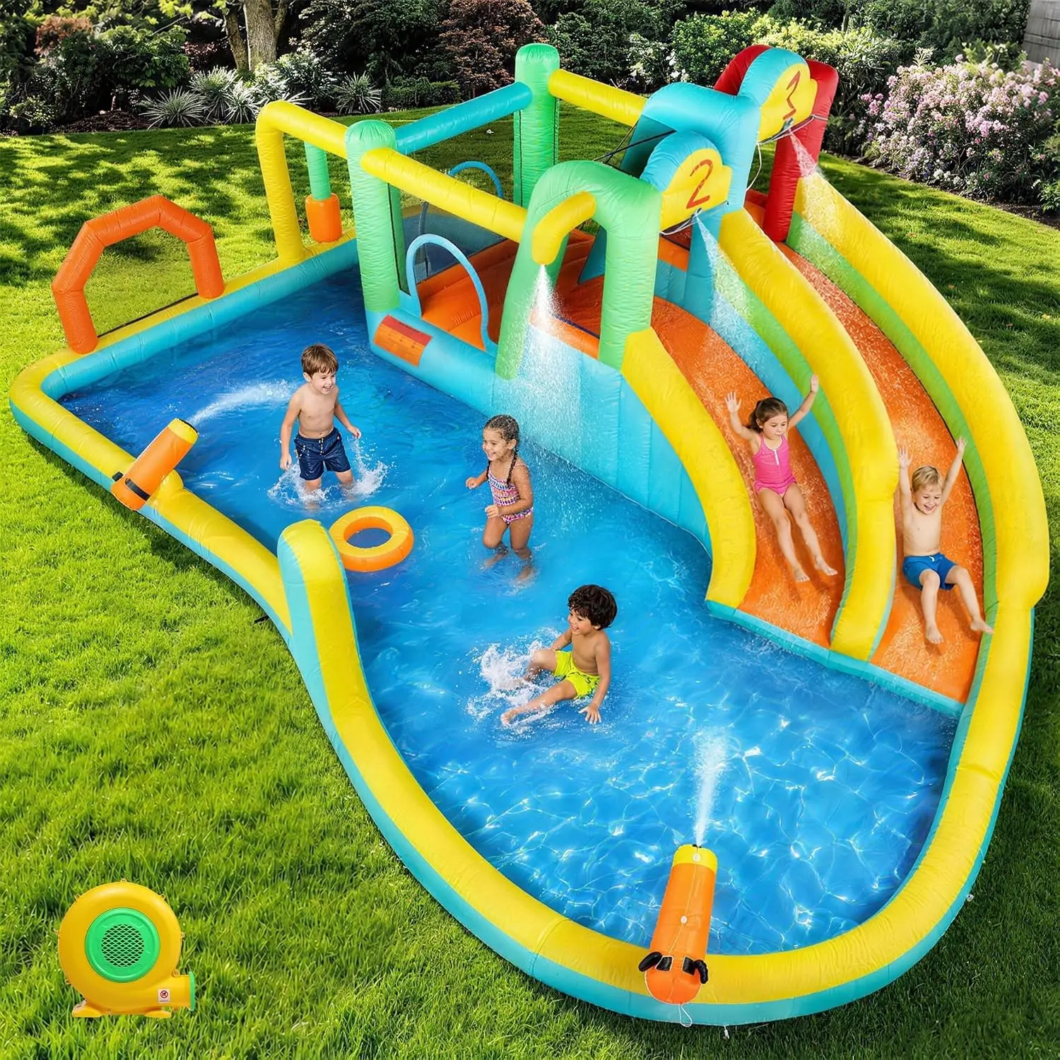 JOYMOR Inflatable Bounce House with Double Long Water Slide, Cool Gifts for Kids, Toys for Boys for Ages 3-10