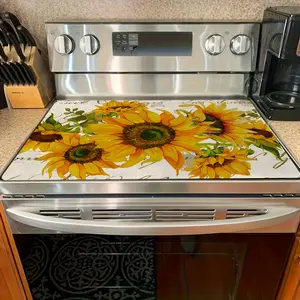 1pc 2D Flat Stove Cover Protector Featuring a Spring Sunflower Design with Green Foliage And a Vintage Script Backdrop, Measuring , Easy to Clean for Use in The Kitchen, Washing Machine, Dryer, Or As a Stovetop Panel Protector