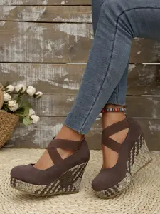 Suede Woven Wedge Platform Pumps | Crisscross Elastic Strap | Perfect for Boho & Daily Wear, Elegant! #WedgeHeels #PlatformPumps