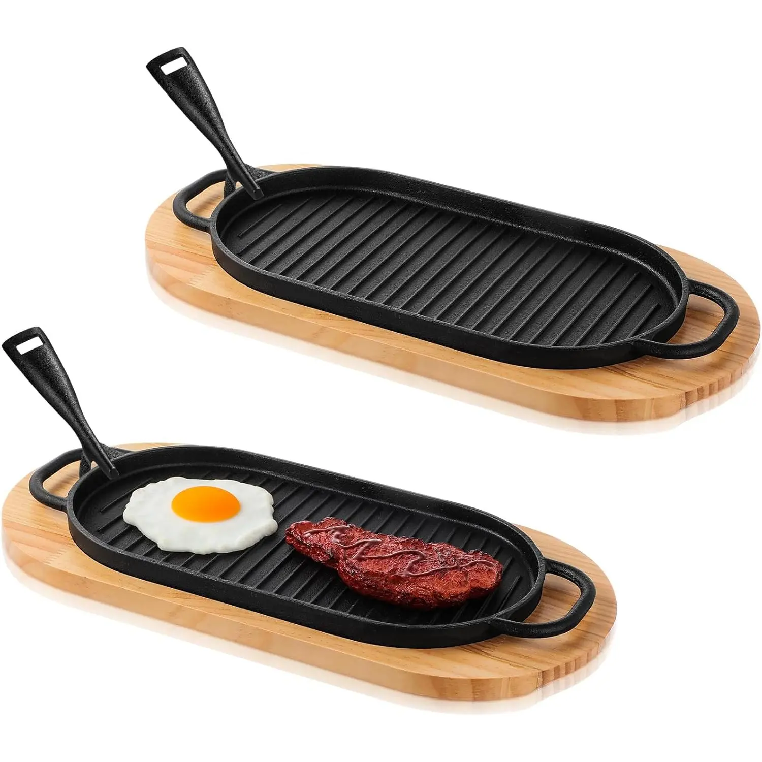 2-Piece Cast Iron Fajita Skillet Cooking Set - Sizzling Steak Plate with Wooden Base, Removable Handle, Grill Frying Pan for Home Kitchen, Restaurant Use (12x6.3 in), Two Piece Set