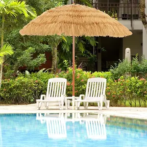 6.5Ft Tiki Patio Umbrella, Hawaiian Style Outdoor PE Grass Umbrella with Tilt Adjustment, 8 Ribs, Portable Thatched Beach Umbrella for Garden, Yard, Poolside