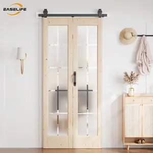 Easelife Exterior Glass Barn Door – French Style, Frosted 10-Lite Panels, Natural Wood, Includes Sliding Hardware