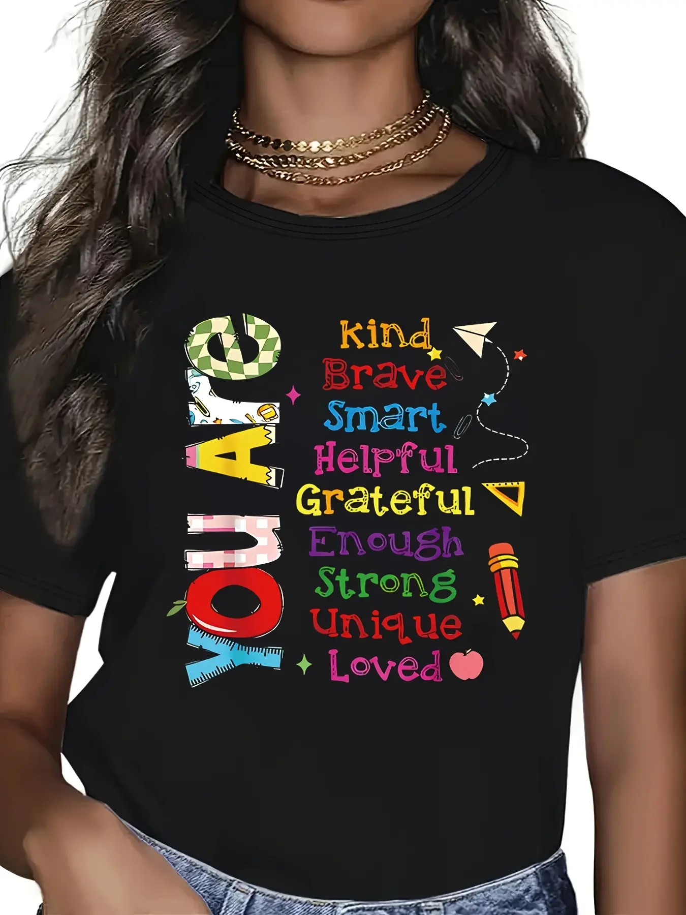 Plus Size, Women's Casual Fashion Printed T-Shirt in Sizes 0-8XL, Trendy Base Layer for Daily Outings,  Style, Suitable for All Seasons, Casual Wear, Comfortable Fit, Letter Print