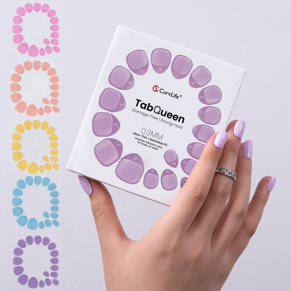 TabQueen Ultra-Thin Press-On Nail Tabs – 18 Sizes, 5 Colors, 0.3MM Full-Cover Adhesive Tabs, Strong Hold, Easy Application, Gentle Removal, Reusable Nail Stickers, 10 or 20 Sheets