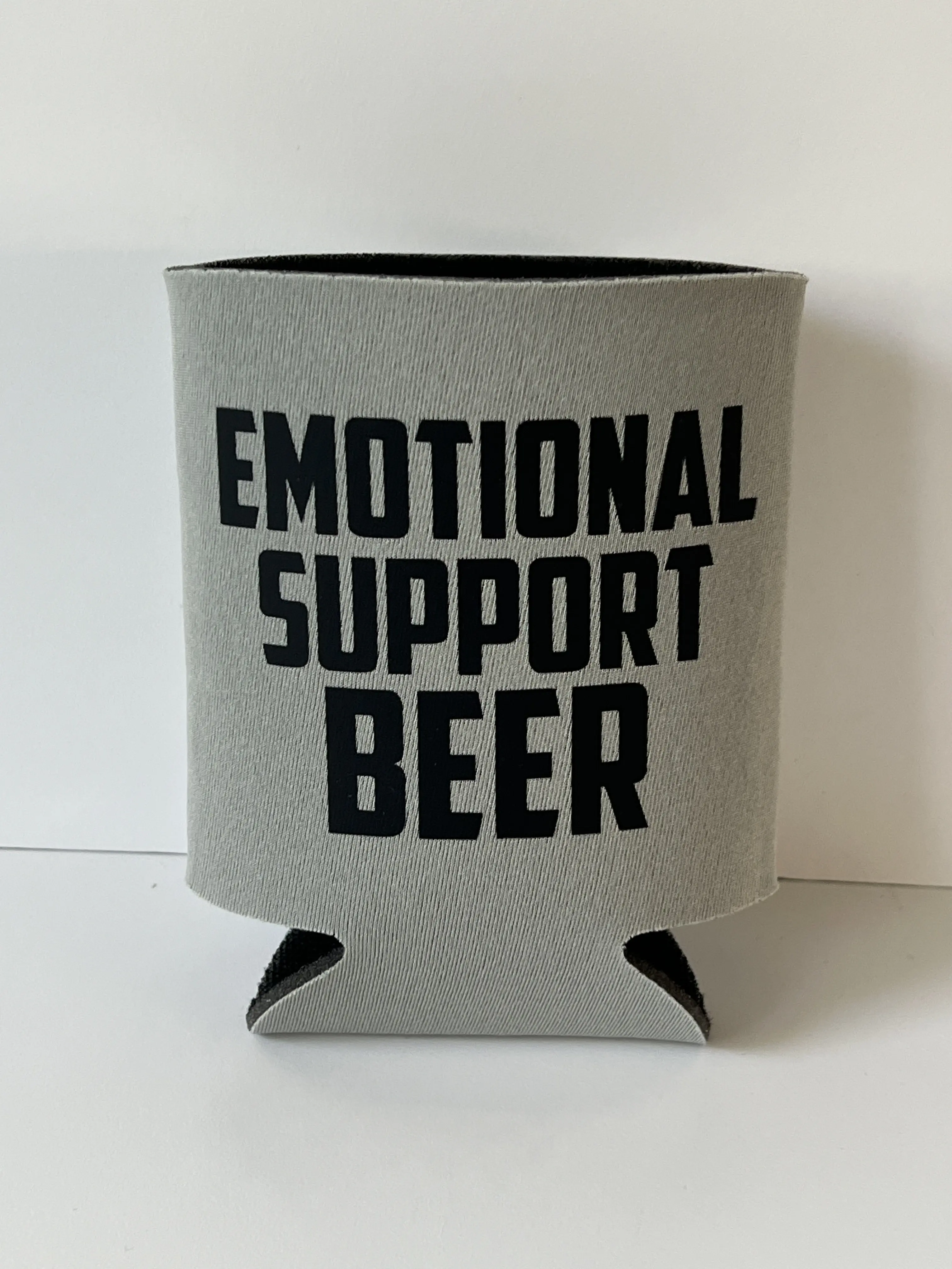 Emotional Support Beer Koozie Gray Can Cooler Black Text