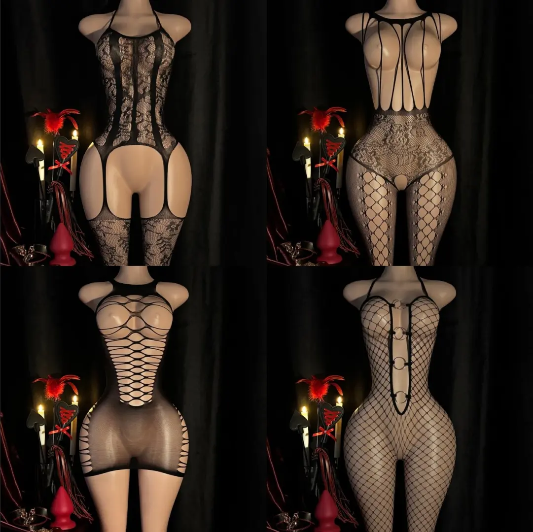 Elegant 4pcs Hollow Bodysuit & Sexy Lace Lingerie Set Black Mesh Corset Lace Black Fishnet garter Basic Minimalist Intimate Apparel Seductive Clothing Pieces Womenswear Mixed Color babydoll sexy lingerie set floral christmas Teddy Halter Halter Neck