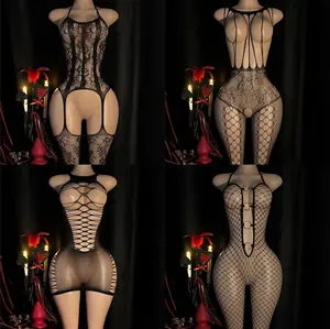 Elegant 4pcs Hollow Bodysuit & Sexy Lace Lingerie Set Black Mesh Corset Lace Black Fishnet garter Basic Minimalist Intimate Apparel Seductive Clothing Pieces Womenswear Mixed Color babydoll sexy lingerie set floral christmas Teddy Halter Halter Neck