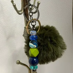 Colorful Bead Keychain with Green Pom-Pom and Blue Beads for Stylish Accessory