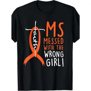 Multiple Sclerosis Awareness "Ms Messed with The Wrong Girl" Graphic Tee - 100% Cotton Retro Street Style Crew Neck Short Sleeve T-Shirt for Halloween, Christmas, Parties & Outdoor Activities - Black with Orange Tshirt Casual Streetwear