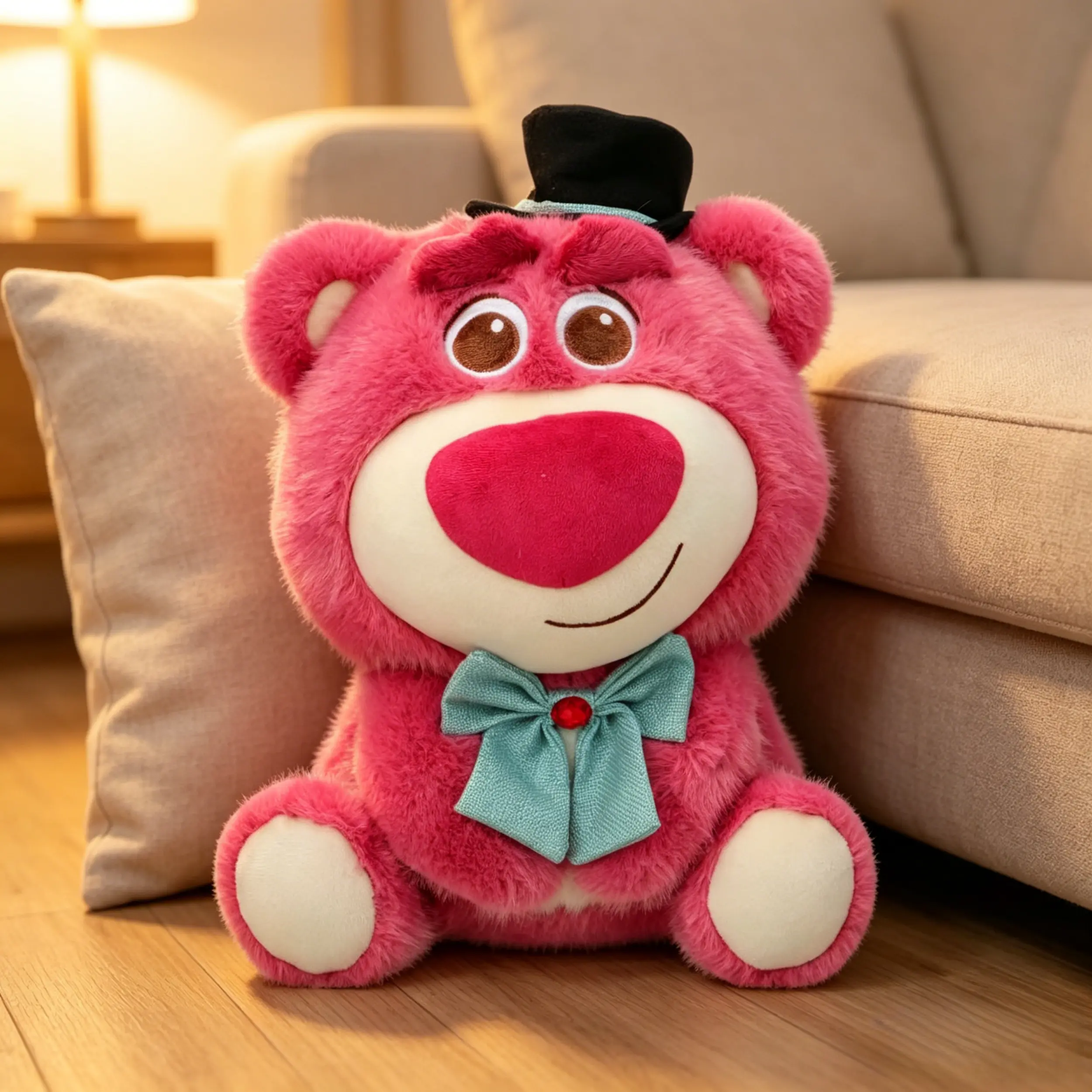 Disney Toy Story 5 Lotso Gentleman Strawberry Bear Plush - 12.59 in (32 cm) Durable Soft Fluffy Collectible with Top Hat & Gemstone Bowtie, Pastel Plush Bow Stuffed Item, Soft Cuddly Gift for Bedroom Decor (1pc)
