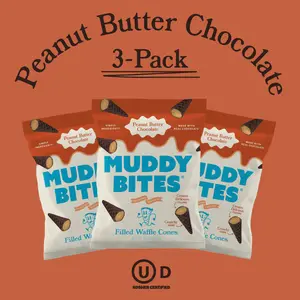 MUDDY BITES 3-PACK: Peanut Butter Chocolate - 2.6oz - Mini Chocolate cones filled with peanut butter - US Based Snack - Kosher Fair Trade and Sustainably Sourced