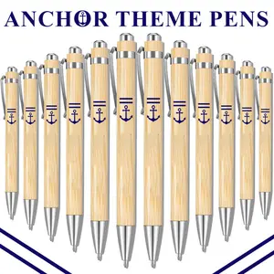 12 Pack Anchor Theme Ballpoint Pens- Bamboo Barrel, Black Ink, Smooth Writing- Elegant& Portable Gift for Family, Friends, Teachers, Employees, Colleagues Men and Women.