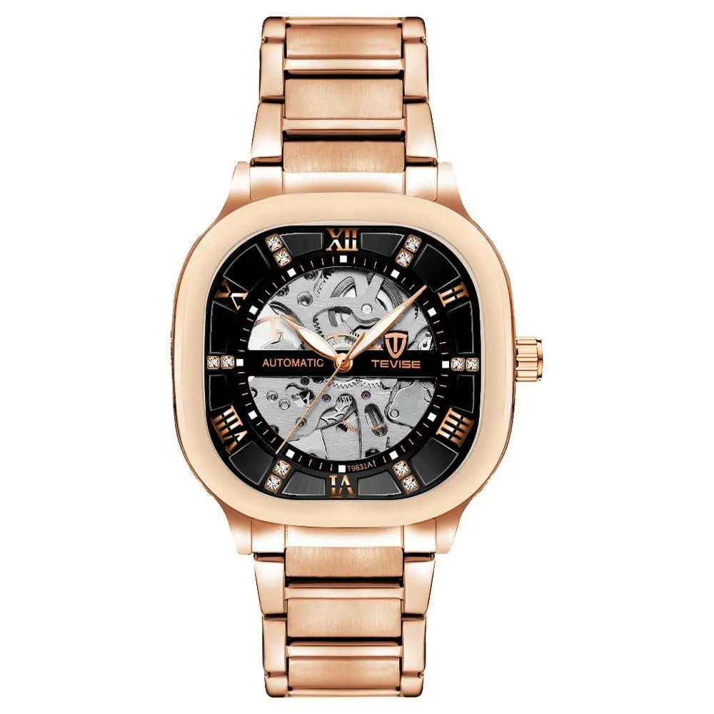 TEVISE Square Skeleton Watch for Men - Automatic Movement, Steel Bracelet, Waterproof Luxury Watch