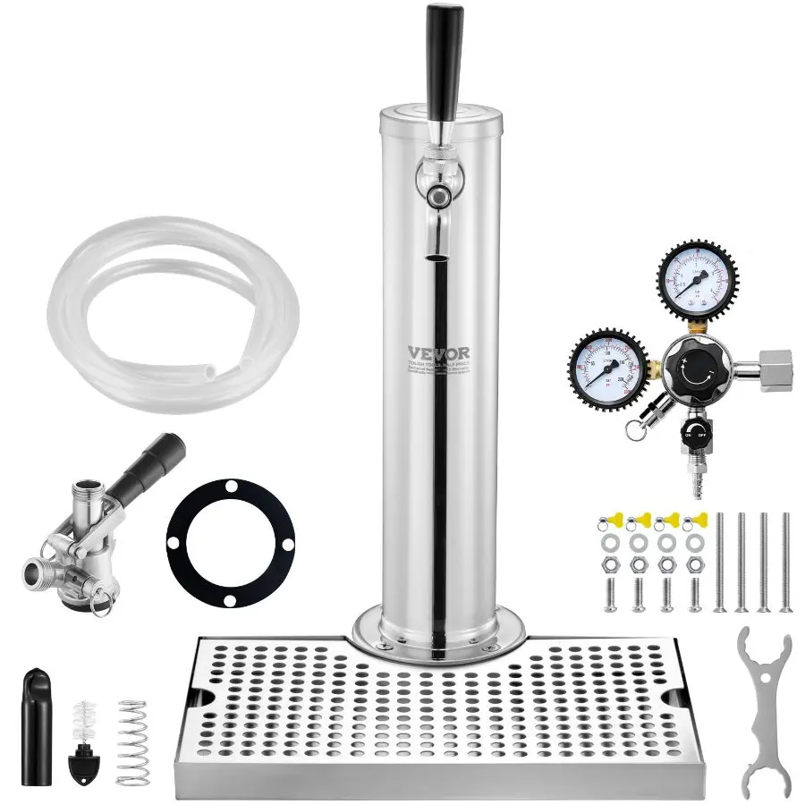 VEVOR Stainless Steel Single Tap Kegerator Tower Kit, Beverage Dispenser with Dual Gauge CGA320 Regulator, D-Series Keg Coupler, Drip Tray for Home Bars, Restaurant, Home Use