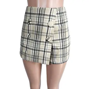 High Waisted Taupe Plaid Skort Skirt for Women - Womenswear Bottom Polyester Casual Comfort