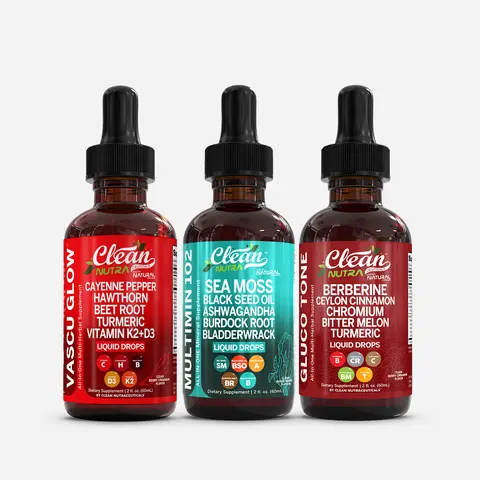 Clean Nutra Flow, Fuel & Function Trio | Sea Moss, Cayenne, Chromium & More for Heart, Metabolic & Mineral Support Liquid Drops [Vascu Glow + MultiMin 102 + Gluco Gone]