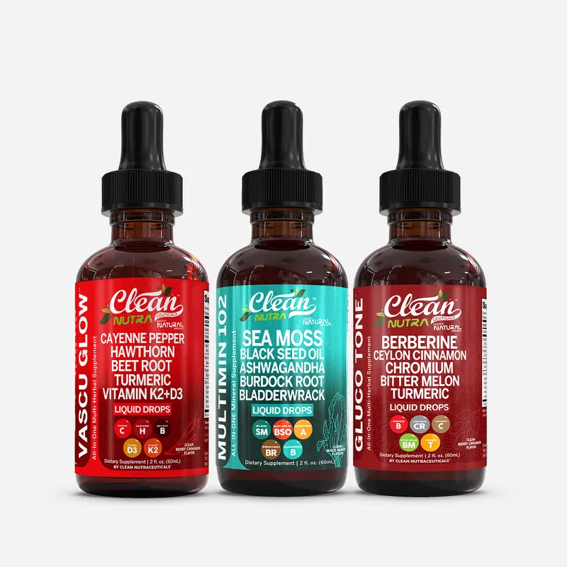 Clean Nutra Flow, Fuel & Function Trio | Sea Moss, Cayenne, Chromium & More for Heart, Metabolic & Mineral Support Liquid Drops [Vascu Glow + MultiMin 102 + Gluco Gone]