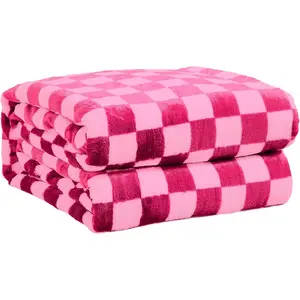Checkered Flannel Throw Checkerboard Grid Chessboard Gingham Pattern Blankets for Couch Sofa, 40"x50", Hot Pink