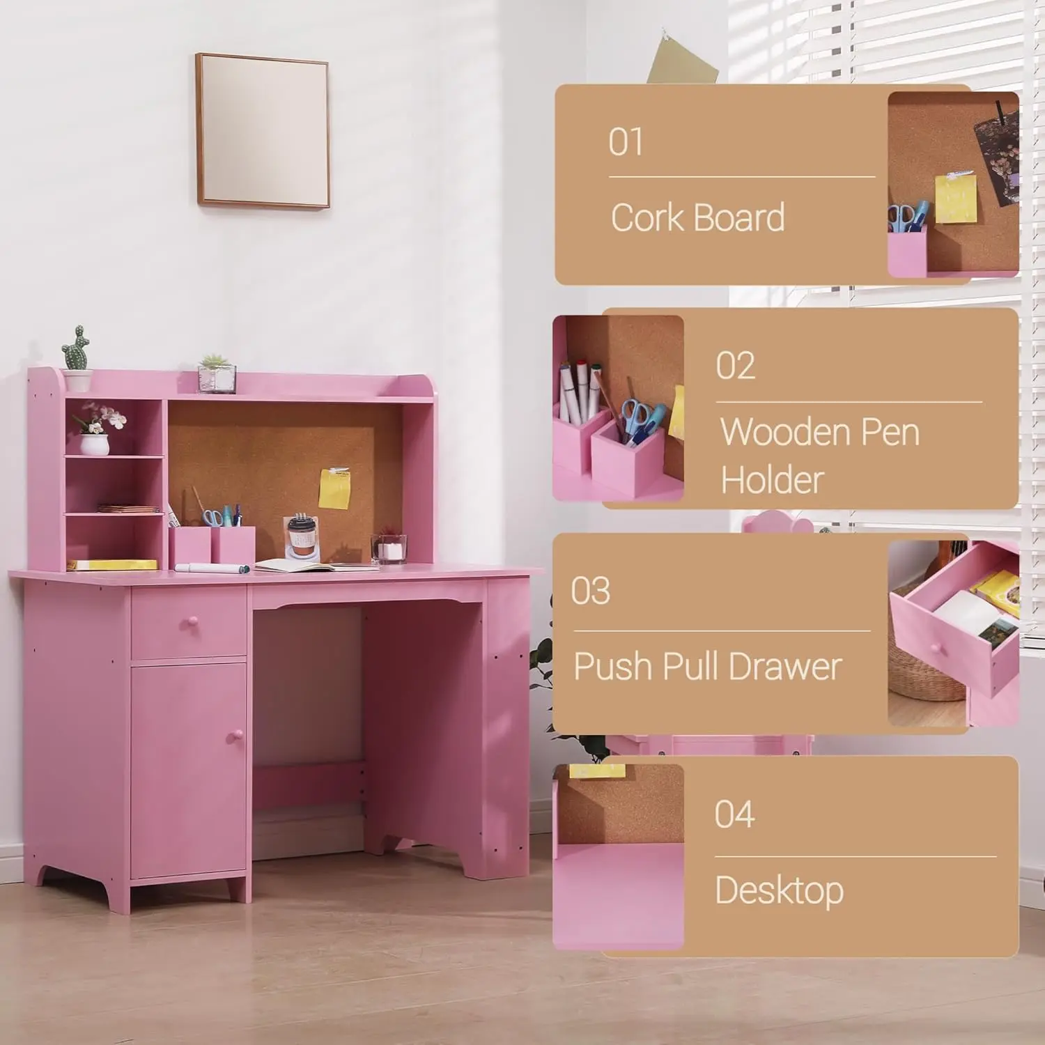 Organized Wooden Study Table - Student Computer Workstation Writing Desk with Storage Shelves, Cork Bulletin Board, Drawer, and Cabinet for Bedroom, Desktop