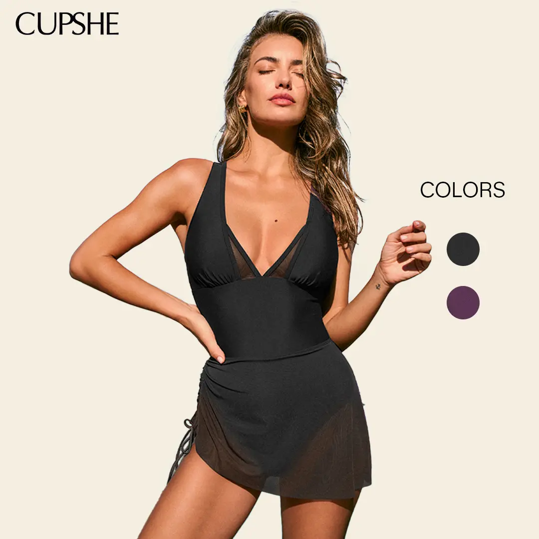 CUPSHE Elegant Mesh One Piece Swimdresses Swimsuit with Tummy Control & Ruched Swim Skirt for Beach Vacation #summerfinds