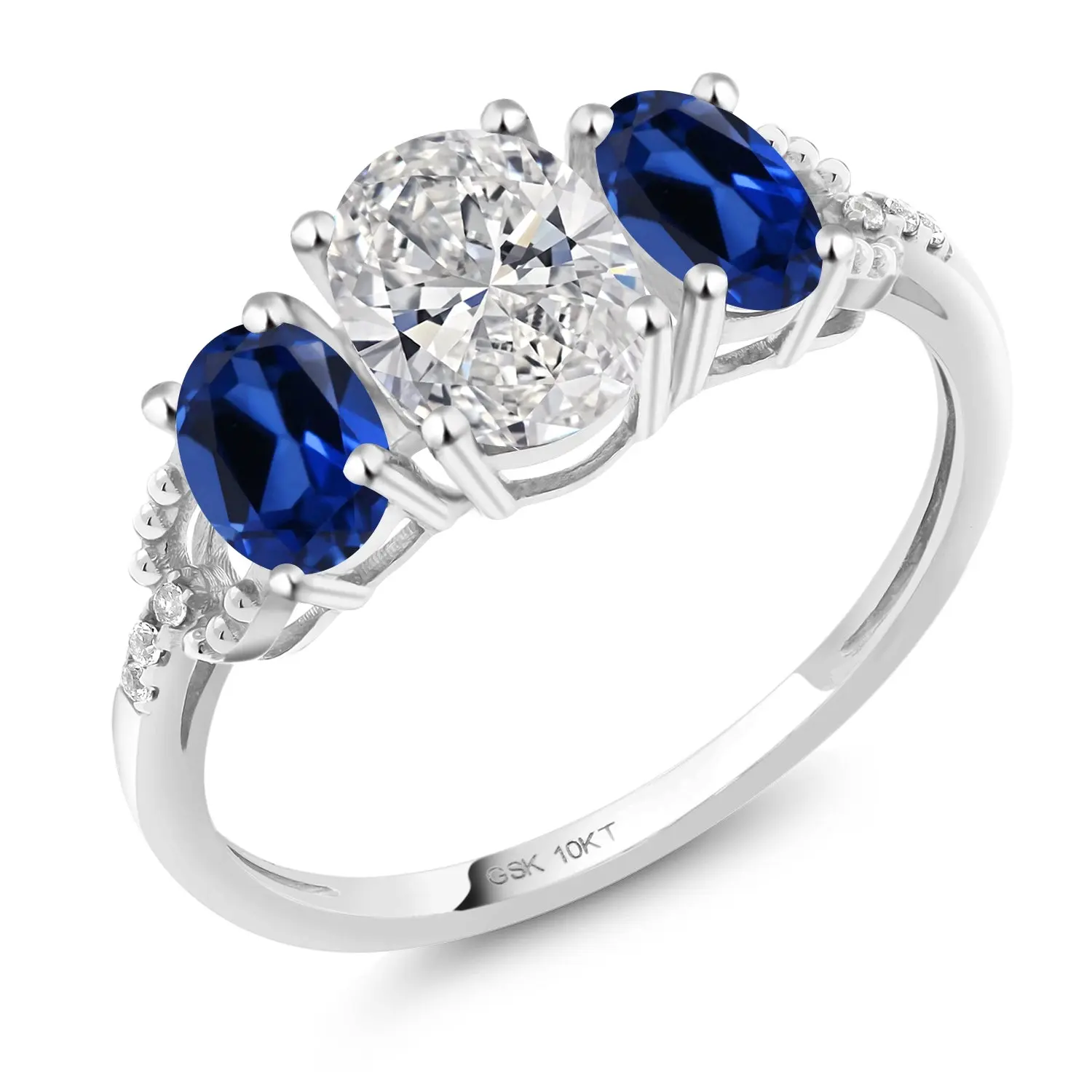 10K White Gold IGI Certified Lab Grown Diamond and Blue Sapphire 3-Stone Engagement Ring | 2.12 Cttw | Center Oval Diamond 1.00 Ct | D-E Color | VS1-VS2 Clarity