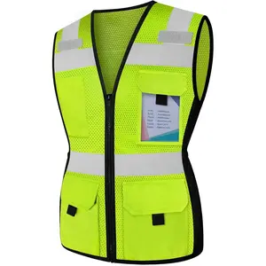 Neon Construction Work Vest for Women - 11 Pockets Mesh Reflective with Zipper, ANSI Compliant, Snug-Fit