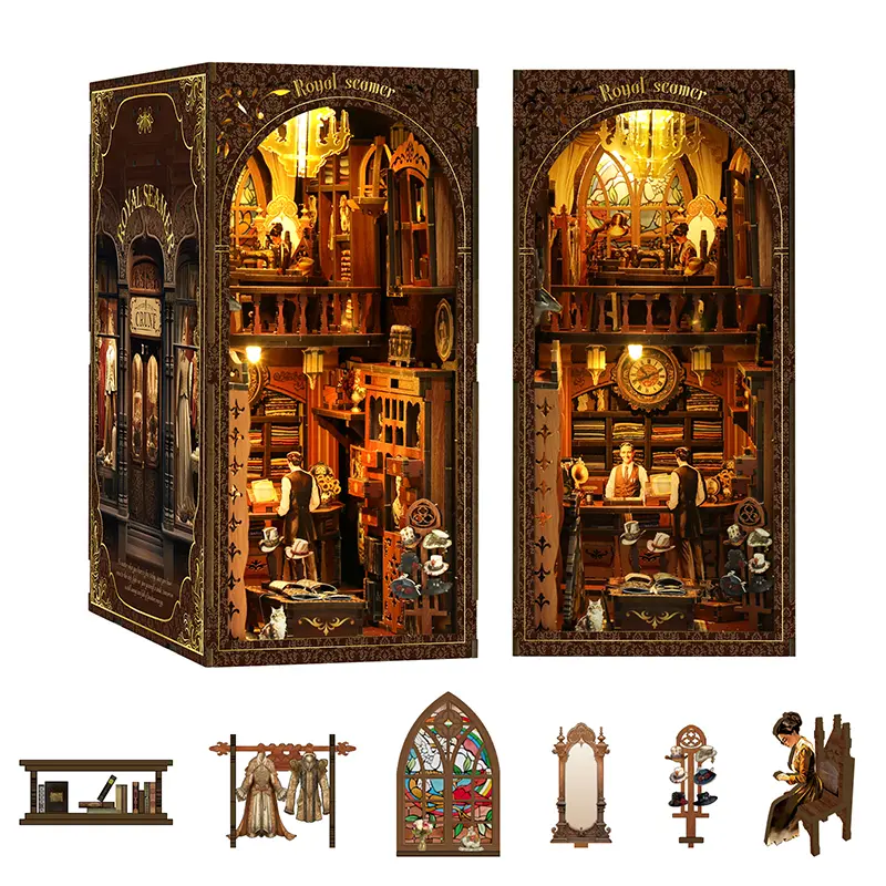 Book Nook Kit with Dust Cover & LED Light (Royal Seamer), DIY Miniature House Kit for Birthday, 3D Wooden Bookends Puzzle, Bookshelf Decor for Adults, Teens, Beginners