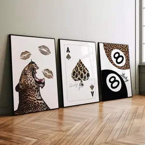 Set of 3 Leopard Prints, Lucky 8 Ball Cheetah Poster, Playing Card Prints