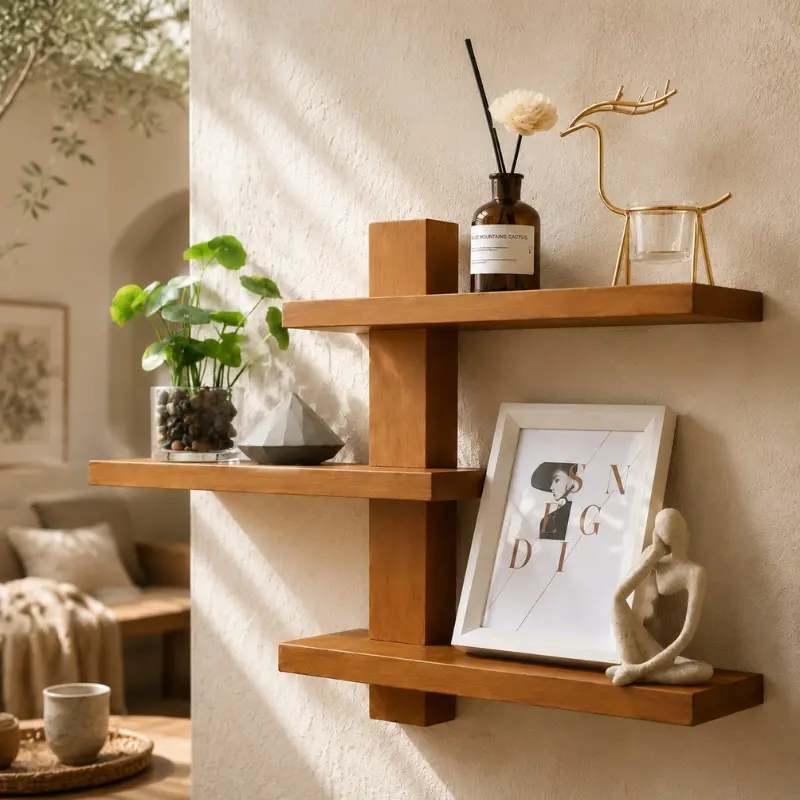 Sturdy 3-Tier Wood Floating Shelf with Easy Keyhole Mounting - Staggered Mid-Century Modern Wall Rack that Holds Plants, Crystals and Pictures, Decorative Hanging Storage Organizer for Living Room