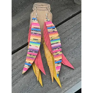 Rainbow Sarape Stacked Fringe Feather Earrings