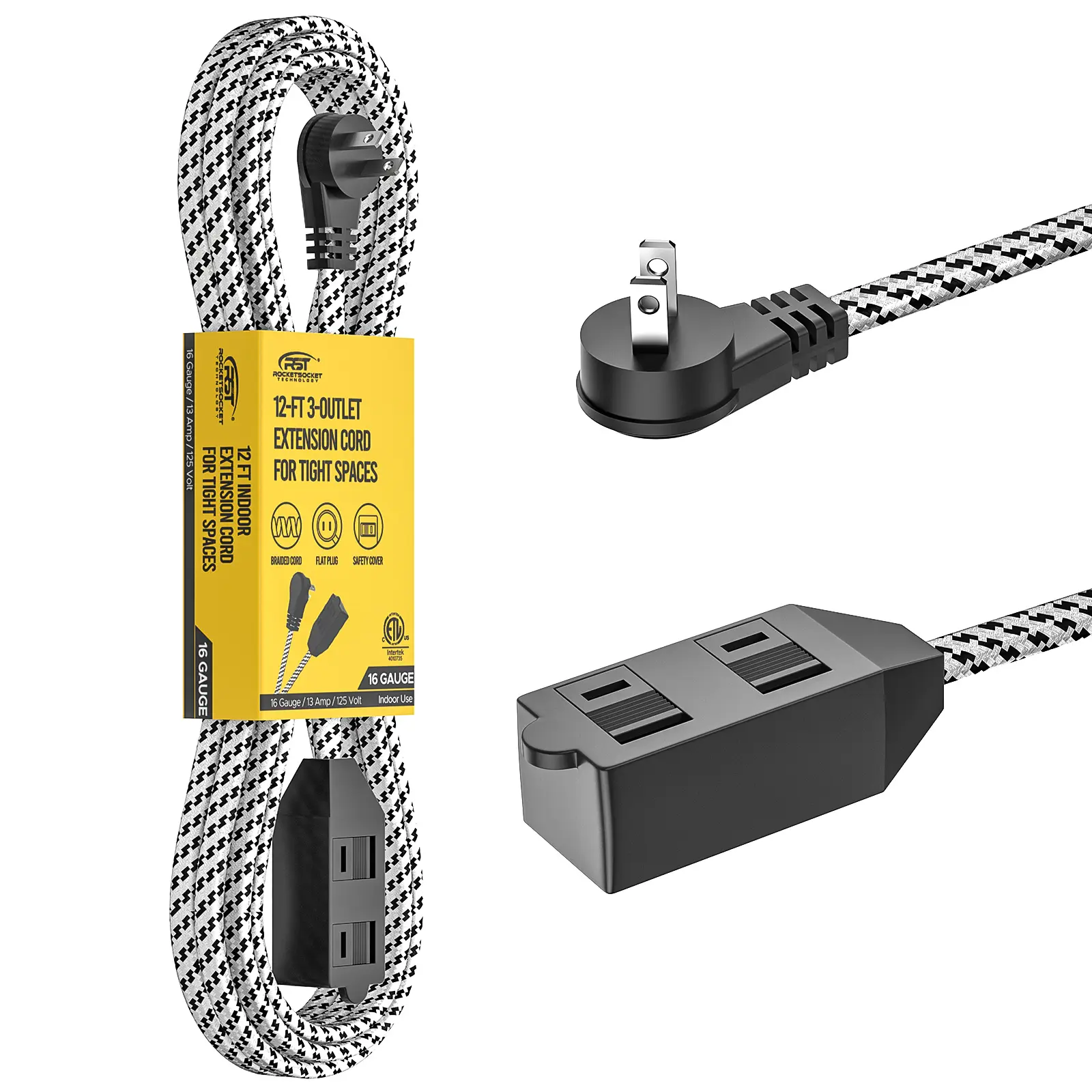 CRST 12FT Durable Braided Extension Cord Power Strip with Flat Plug, 3-Outlet Tap, 16AWG, 1625W, ETL Listed, Device Protection Cover, 12-Month Warranty