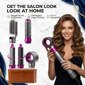 5-In-1 Hair Dryer with Auto Curl/straight System, Ceramic Coating, High-Quality Brush, Salon Professional, Quick Drying, All Hair Types, Thermal Brush Straightener